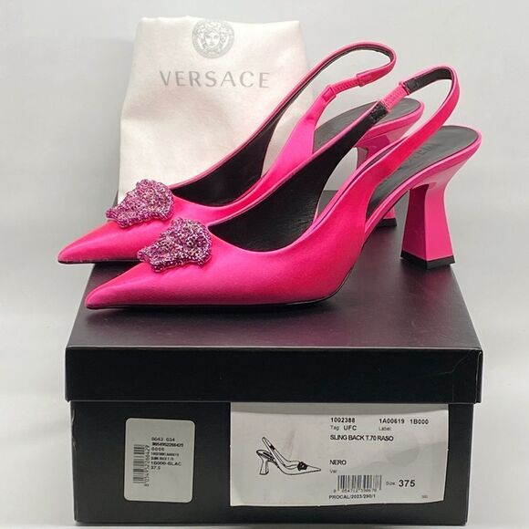 Versace La Medusa Embellished Silk Blend Slingback Pump size 37.5 - Picture 12 of 14
